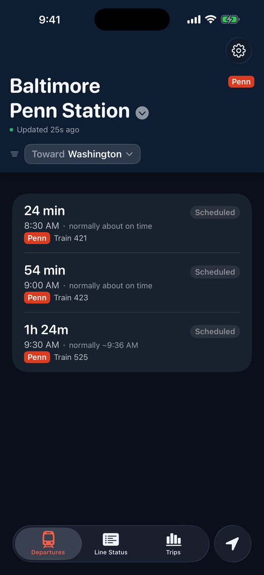 Live departure board for a Penn Line commute