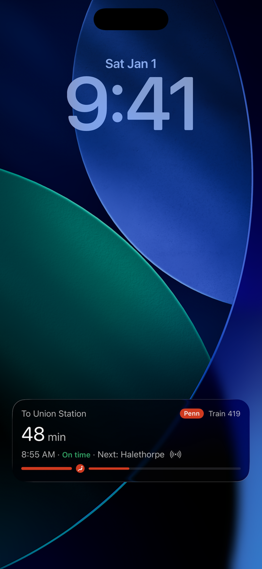 Live Activity on the lock screen showing an approaching train